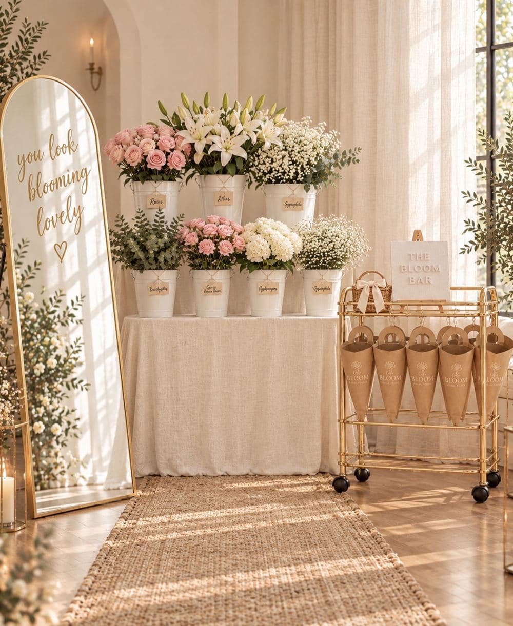 The Bloom Bar flower station set up for an event